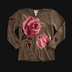 Vintage Belle Isle Brown Pink Rose Floral Knit Sweater Ramie Cotton Womens M